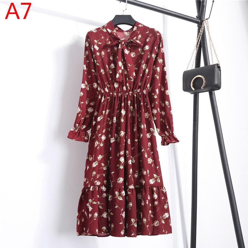 Robe chemise en mousseline de soie, grande taille, vêtements pour femmes, manches longues, nœud rouge, Floral, soirée en Club, automne hiver