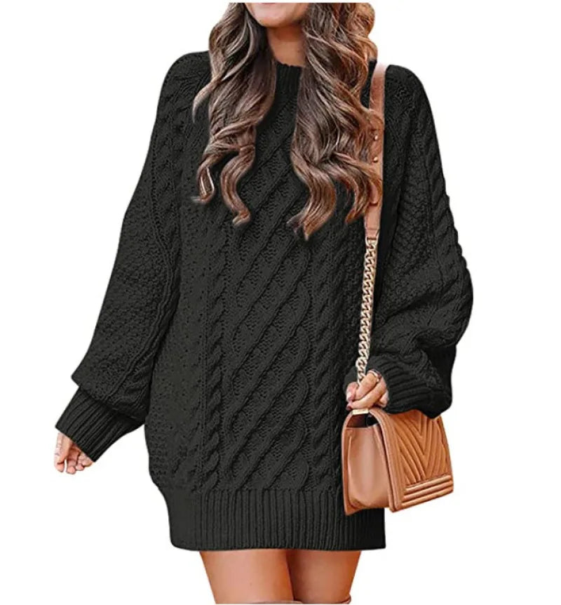 13 Colors Women Crewneck Long Sleeve Oversized Tops Cable Knit Chunky Pullove Thick Autumn and Winter Sweater Dresses Black