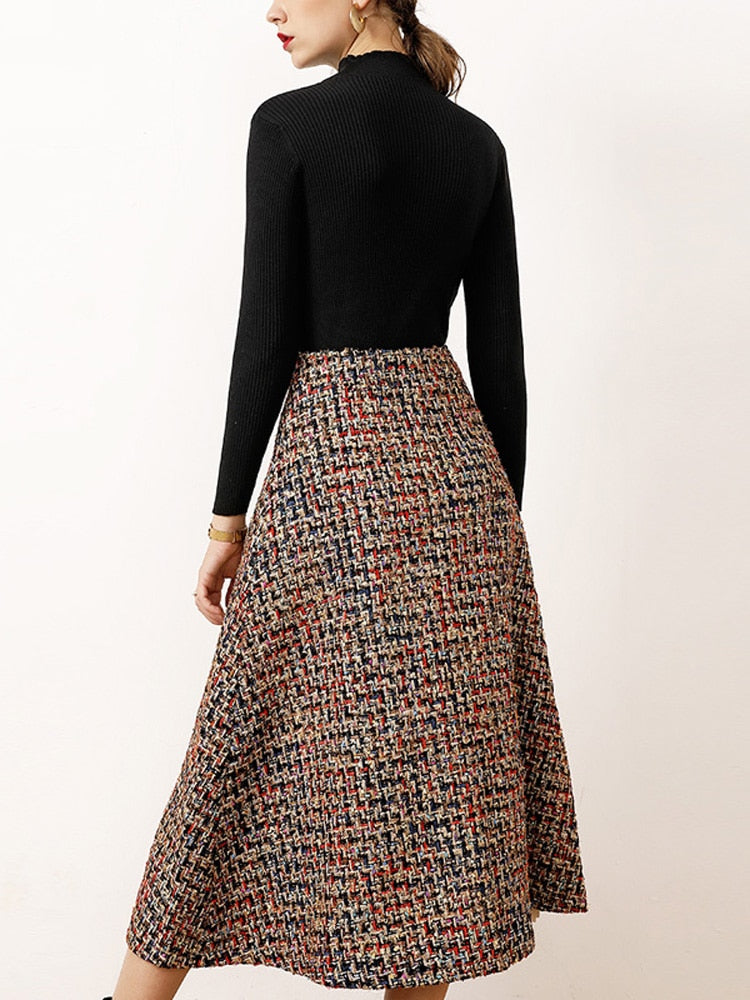 Women's Fashion Autumn Winter 2 Piece Dress Set Female Party Outfits Black Sweater Top and Long Tweed Woolen Skirt Suit Twinset