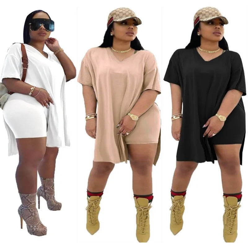 Plus Size Women Clothing Two Piece Set 4xl Summer Wholesale Dropshipping Slip HemTop Shorts Suit Casual Tracksuit Streetwear