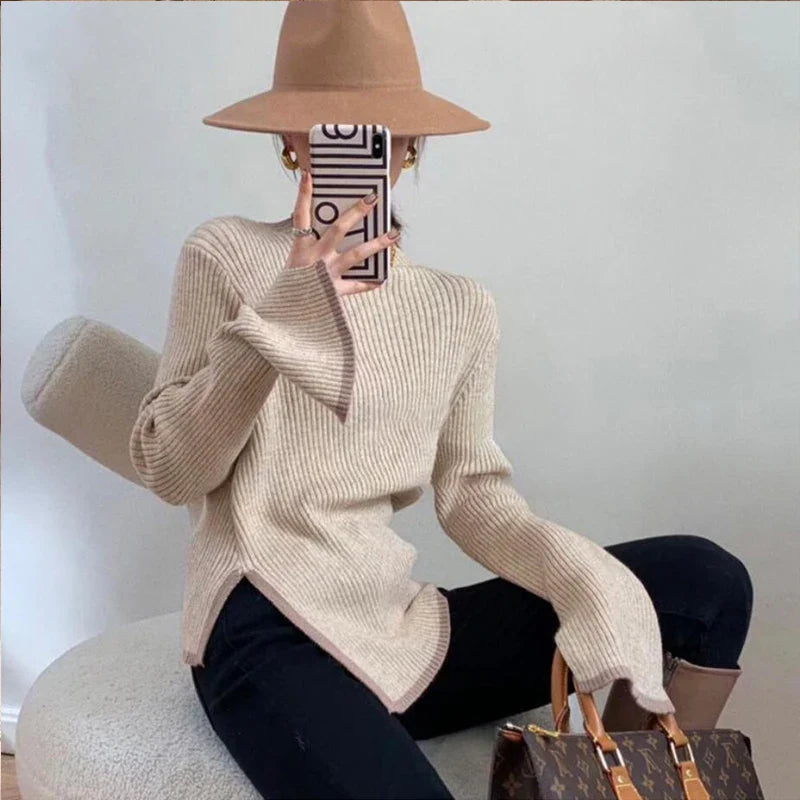 Turtleneck Women Sweater 2021 Autumn Winter New Side Slit Pullover Tops Korean Fashion Knit Sweaters Long Flare Sleeve Basic Light Khaki