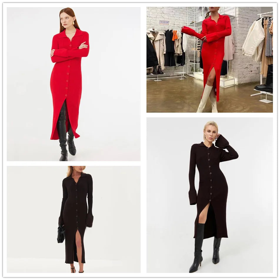 2025 Autumn Bodycon Dress Sweater Knitted Green Women Sexy Midi Split V Neck Long Sleeve Casual Dresses Party Vestidos