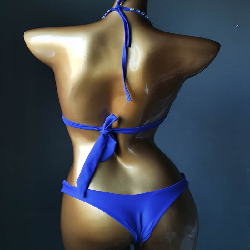 Push Up Rhinestone Bikini Luxury Crystal Diamond Women Swimwear Hollow Out Swimwsuit Manual Customized Bathing Suit