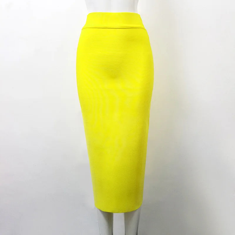 Women Candy Color Sexy Neon Green Brown Orange Yellow Knee Length Bandage Pencil Skirt 2020 Designer Skirt Faldas 78cm Yellow
