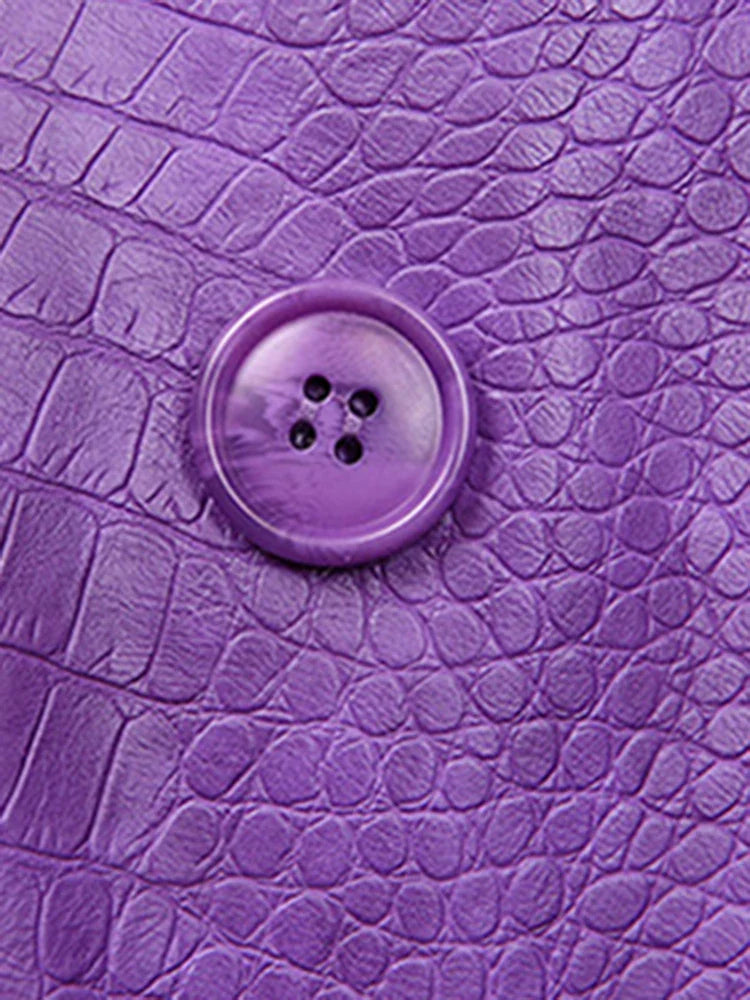 Autumn Oversized Shiny Purple Crocodile Pattern Faux Leather Blazer Women Long Sleeve Double Breasted Y2K Jacket Fashion