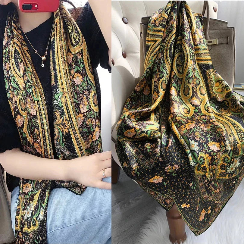Coffee Gold 100% Mulberry Silk Women's Scarf Bandana Fashion Plaisley Style Square Scarves Hijabs Winter Brand Headscarf Foulard