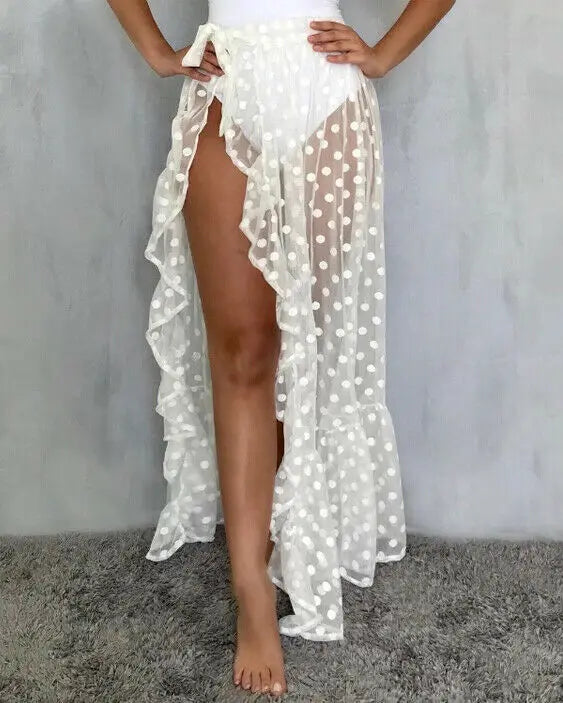 2021 New Hot Summer Women's Mesh Sheer Polka Dot Long Split Skirts Sexy Beach Sunscreen Bikini Cover Up Wrap Skirt 2 One Size