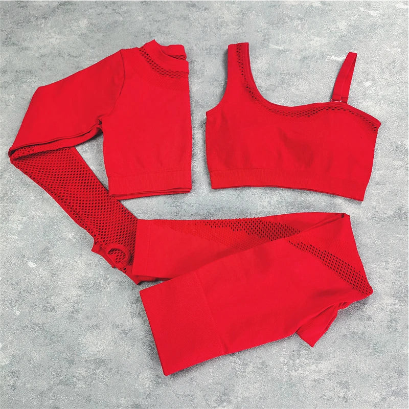 Seamless Yoga Set Sport Outfits Women 2pcs Two Piece Hollow Long Sleeve Crop top Leggings Workout Wear Gym Suit Fitness Sets 3pcs Red Set