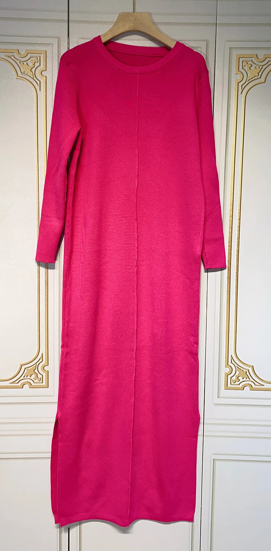 2024 Casual Midi Knit Dress Women's O-neck Long Sleeve Split Straight Dresses 2023 New Autumn Pure Color Knit Vestidos Rose Red