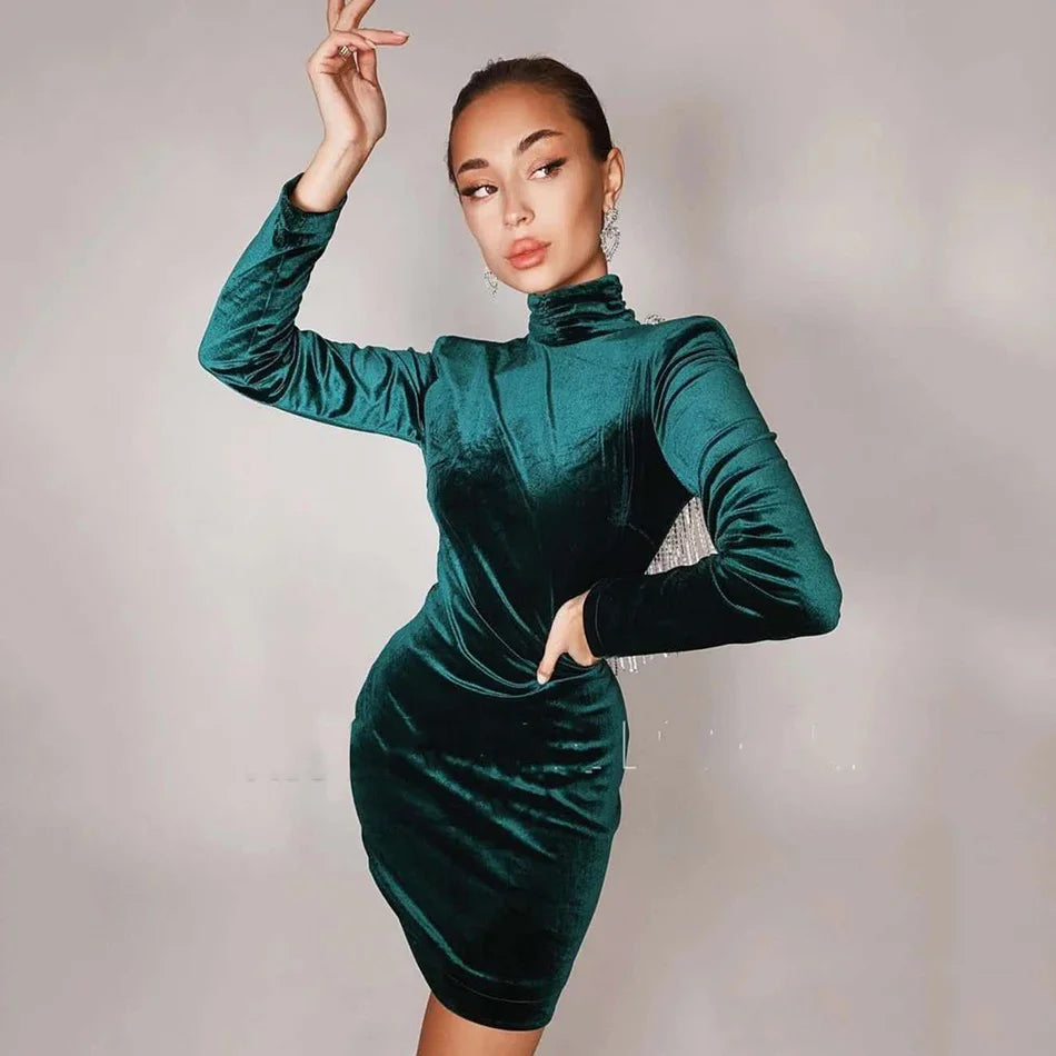 2024 Black Green Sexy Fashion Backless Diamonds Tassel Rayon Velvet Dress Evening Party Dresses Vestidos green