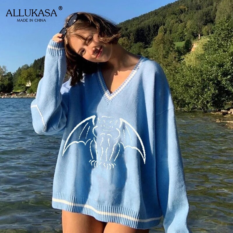 Y2K Oversized Sweater Pullover Ladies Casual Loose Printed Knitted Sweater Retro College Style Halloween Street Fall Winter 2021