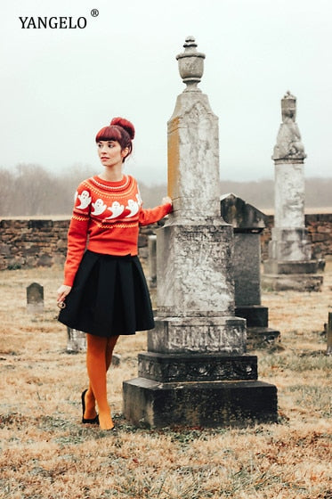 Yangelo Y2k Sweaters Women Halloween's Clothes Gothic Ghost Knitted Pullover for Autumn Winter Purple Streetwear Girl's Top