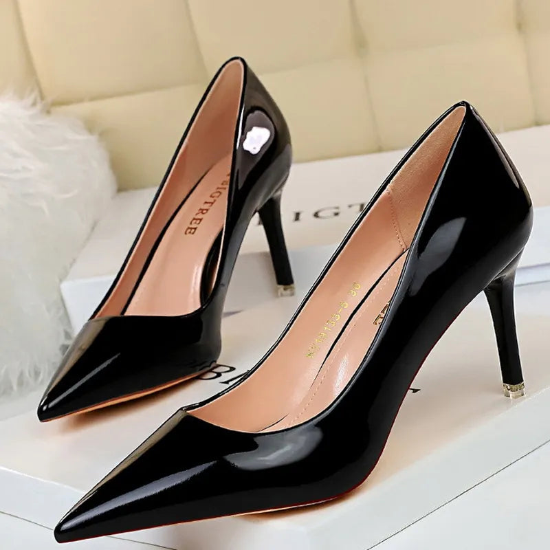 Shoes Woman Pumps Patent Leather High Heels Shoes Women Basic Pump Wedding Shoes Female Stiletto Women Heel Plus Size 43 9511-A7-black7.5cm