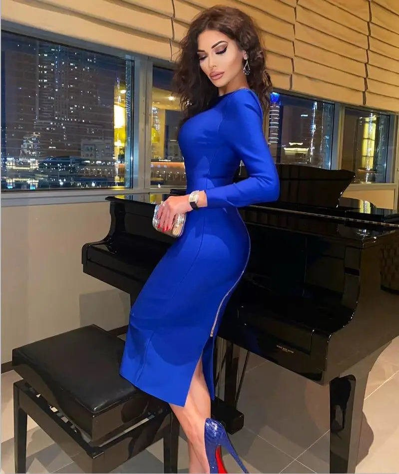 5 Colors Winter Style 2021 Sexy Long Sleeve Backless Zipper Midi Red Bodycon Bandage Dress Fashion Evening Party Dress Vestido