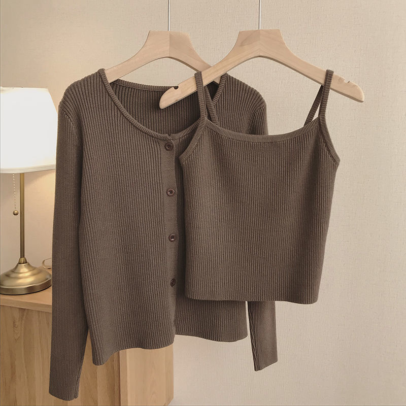 Stripped Knitted Cardigan Two 2 Piece Set Women Korean Spring Autumn Woman Outfits Cardigans Womens Tops And Blouses Sets