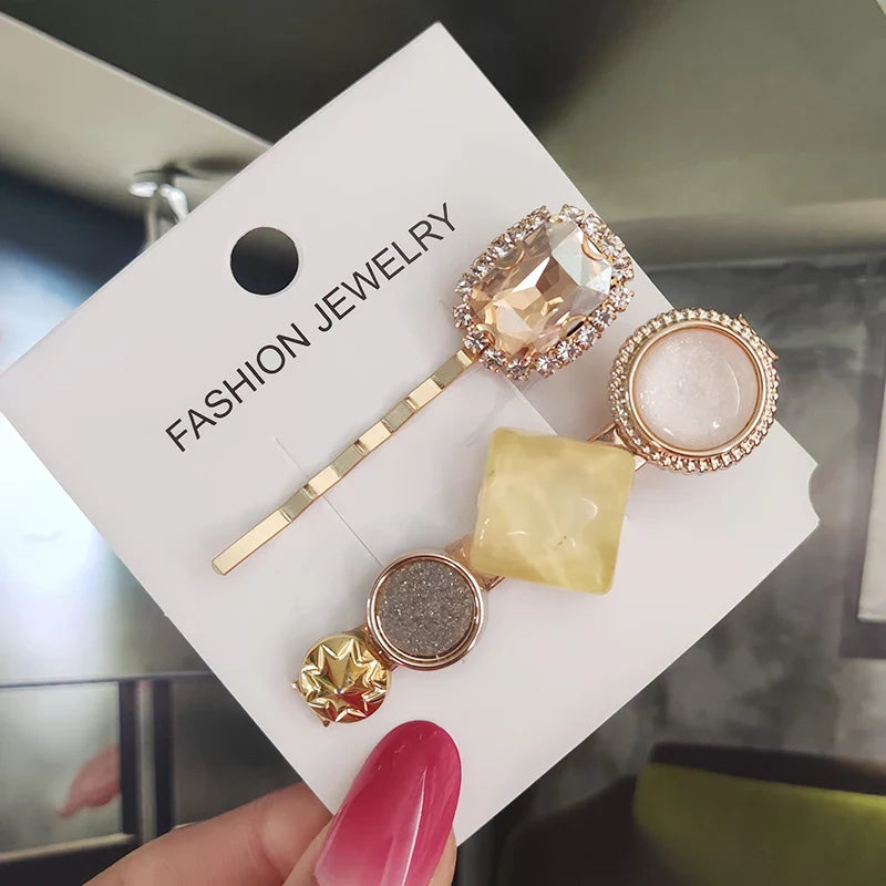 Set Women Hair Clips Jewelry Fashion Crystal Hair Accessories For Girls Luxury Pearl Geometric Barrettes Pins Christmas Gift 2pcs-yellow