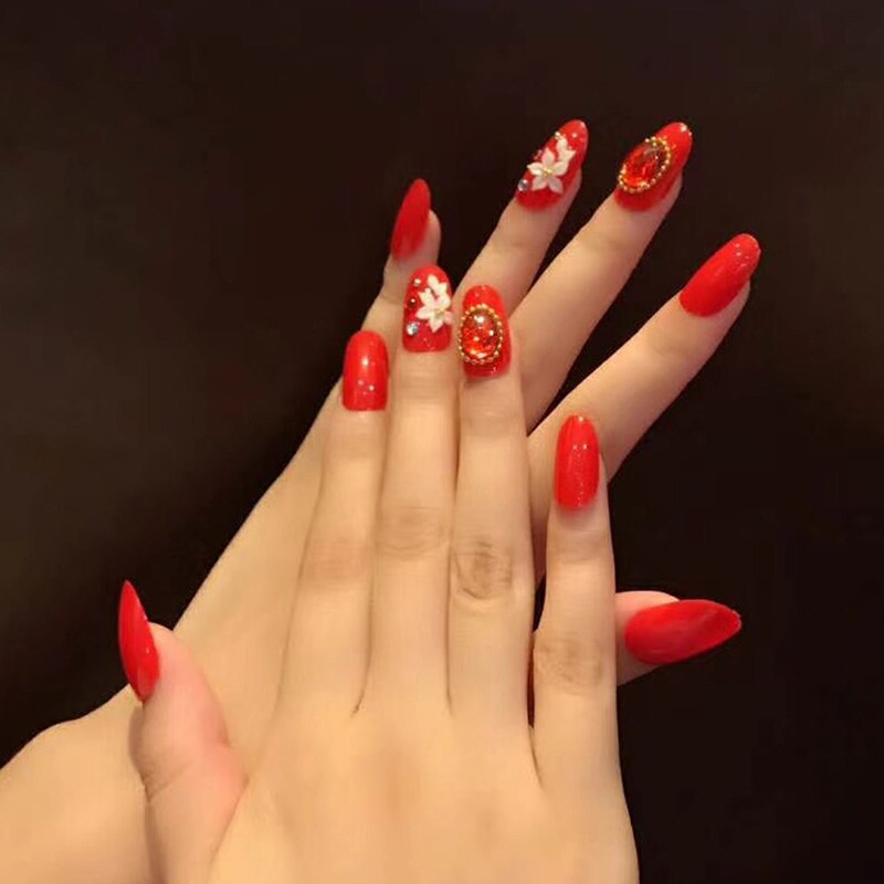 24pcs False Nails Floral Beads Decorated Artificial Nail Tips Bride Reusable Fingernails Fake Nail Press On Nail накладные ногти 22