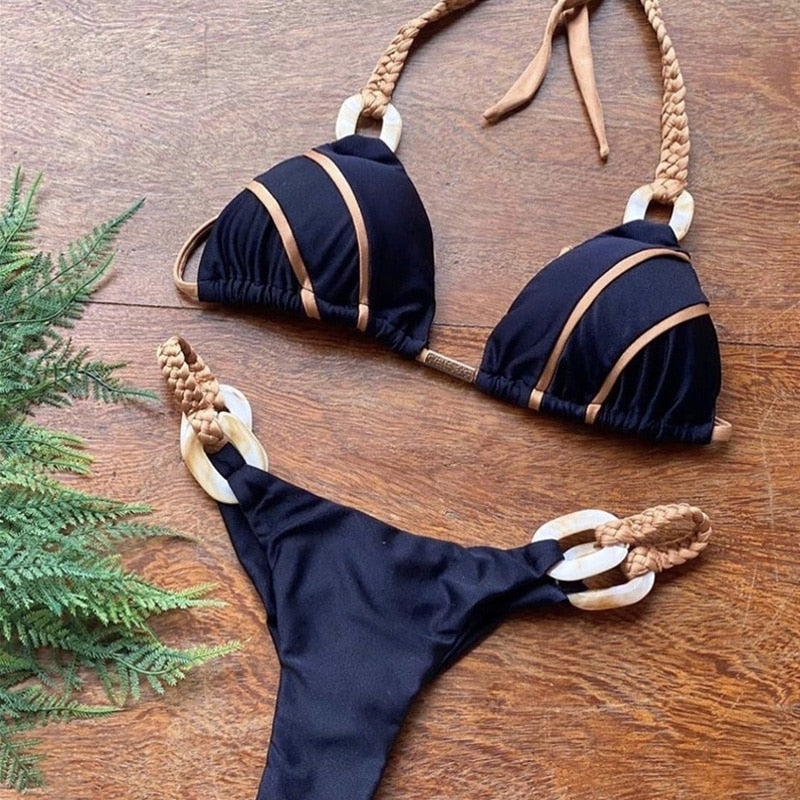 Weave triangle swimsuit lady biquinis Brazilian women bikini ring sexy bathing suit 2023 two pieces suits Halter micro swimwear