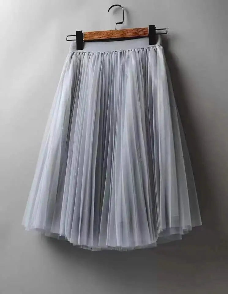 Women's Tulle Plain Pleated Skirt 2019 New Fashion Black Beige White Pink Grey Mesh Midi Skirt High Waist Woman Skirts 3 Layers GRAY One Size