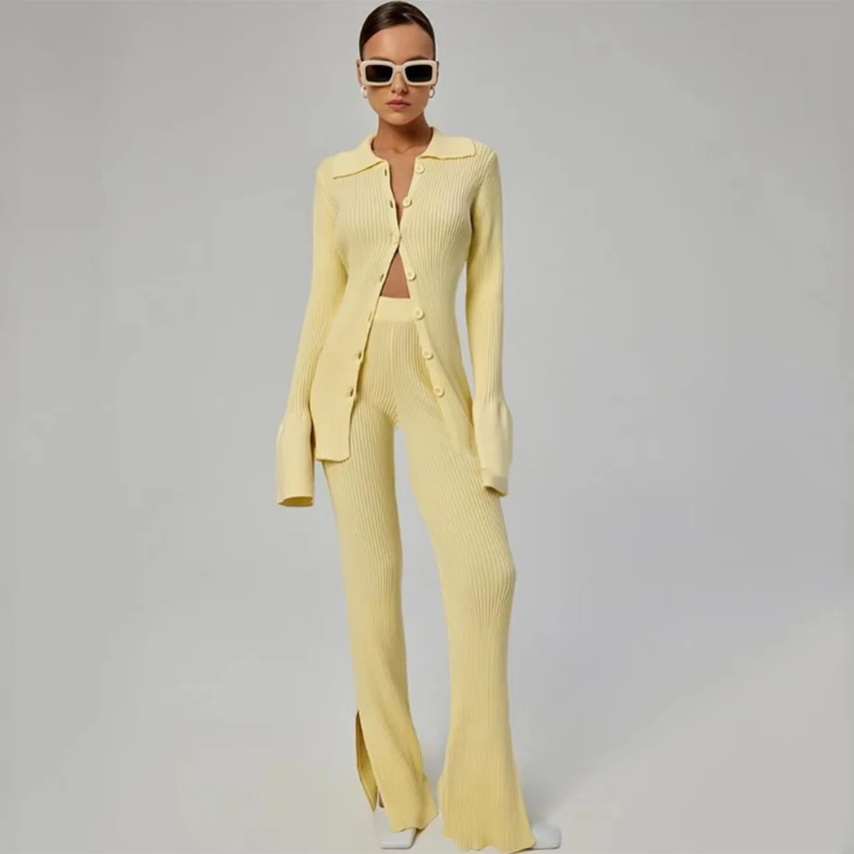 2024 Fashion Slim Knit Pants Set Lapel Flare Long Sleeve Single Breasted Cardigan Sweater & Trousers Two-Piece Set