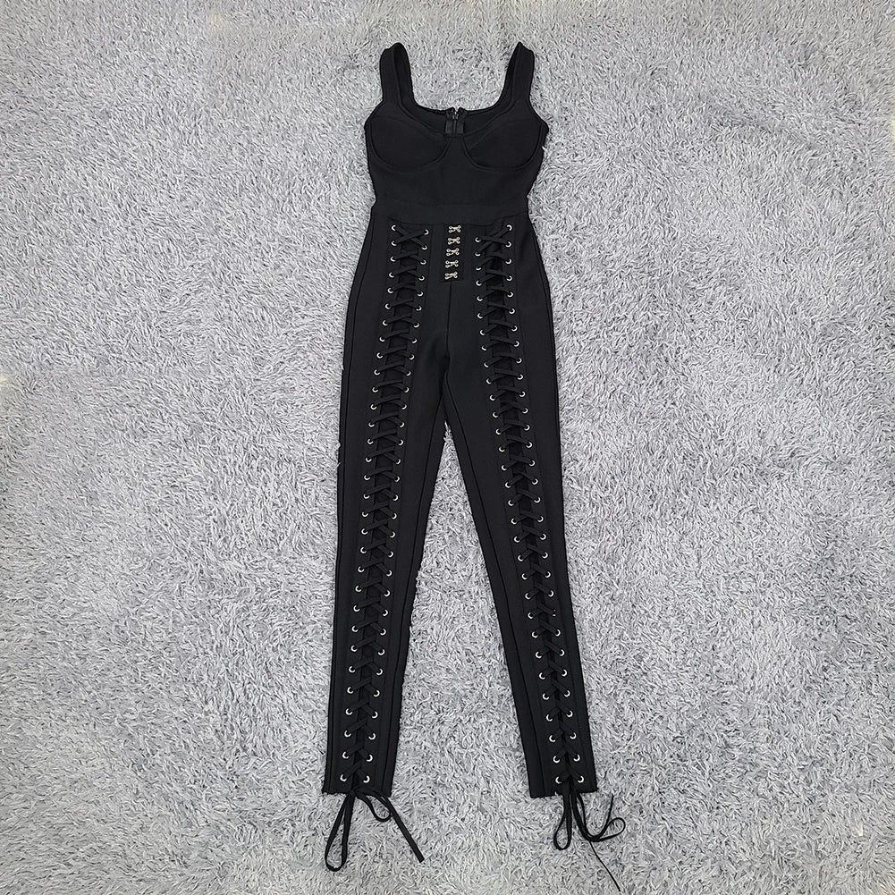 Black White sleeveless Weaving Rayon Bandage Jumpsuit Cocktail Party Bodycon Jumpsuit Vestidos