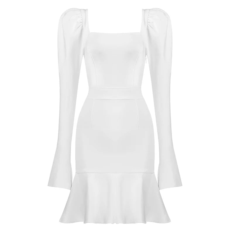 Women Winter Sexy Long Sleeve Square Collar Black Pleated Mini Bodycon Bandage Dress 2021 Elegant Evening Party Dress Vestidos WHITE