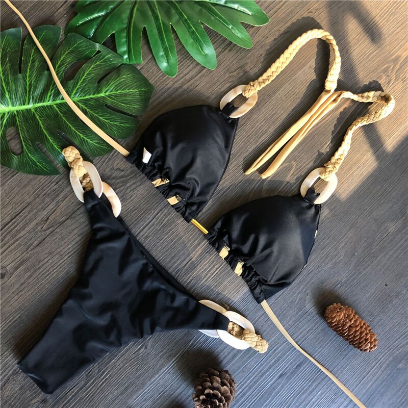 Weave triangle swimsuit lady biquinis Brazilian women bikini ring sexy bathing suit 2023 two pieces suits Halter micro swimwear