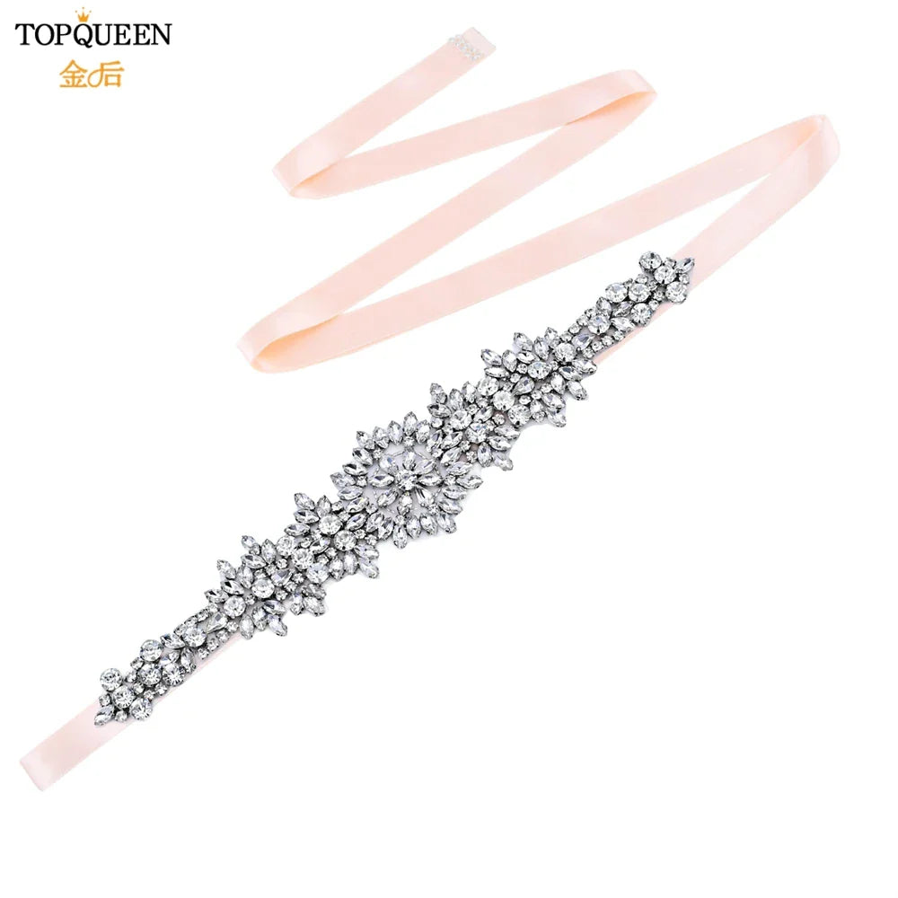 TOPQUEEN S319 Rhinestones Wedding Belt Sparkly Bride Dress Decorative Sash with Stone Jeweled Satin Ribbons Silver Gown Applique Baby Pink ribbon