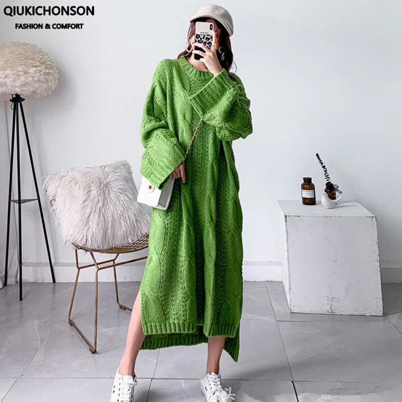 Mohair Oversize Thick Autumn Winter Sweater Dress Women 2020 Side Slit Vintage Twist Pattern Low High Design Knitted Long Dress Green One Size