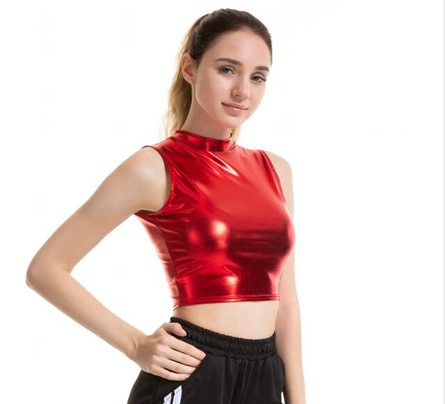 Haut court en cuir brillant pour femmes, gilet sans manches, débardeur de sport, or argent brillant, vêtements colorés vert rouge
