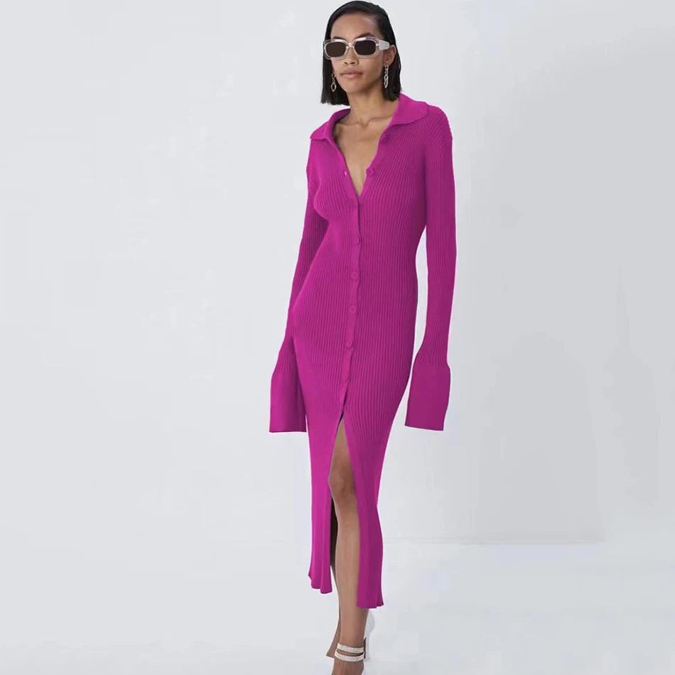 2025 Autumn Bodycon Dress Sweater Knitted Green Women Sexy Midi Split V Neck Long Sleeve Casual Dresses Party Vestidos Rose Red
