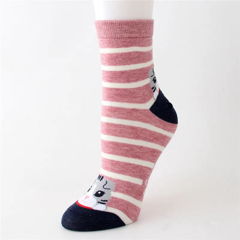 Women Striped Cartoon Socks Autumn Winter Colorful Cat Face Cotton Sock Ladies Female Funny Animal Cotton Sock For lady Girls Pink
