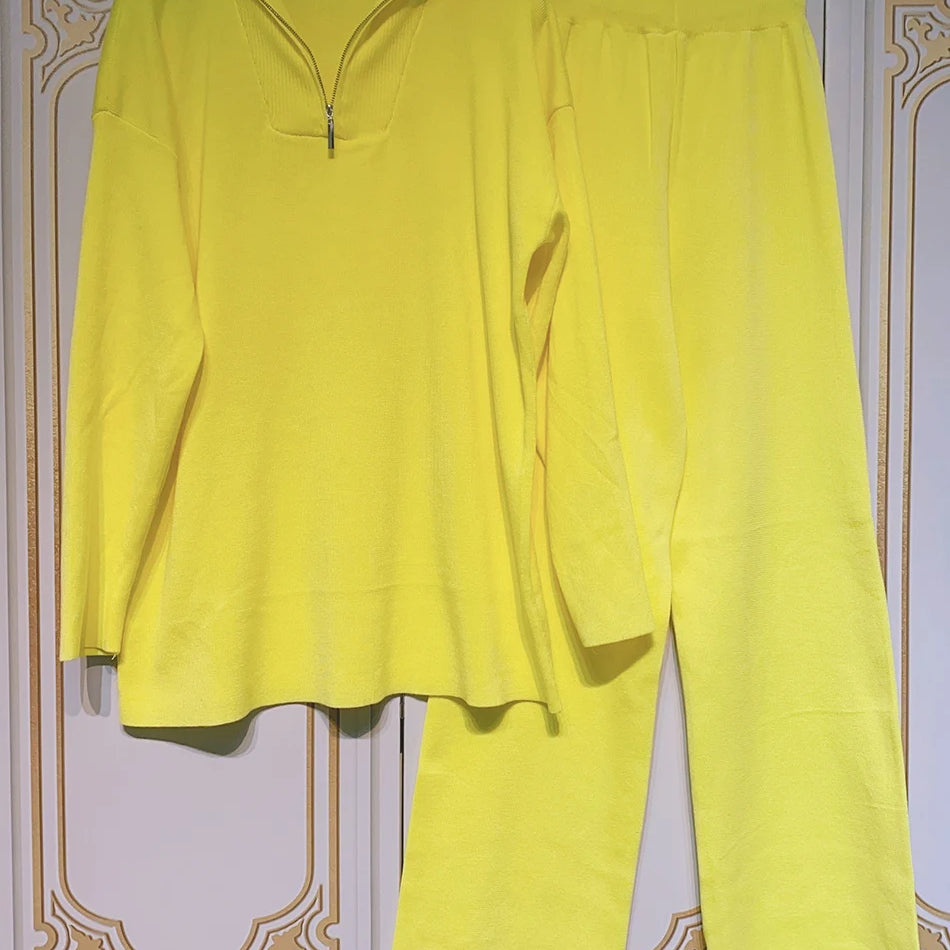 2024 Casual Autumn Loose Knit Sweater Set Fashion Zip Lapel Long Sleeve Pullover Sweater & Straight Pants Two-piece Set Yellow