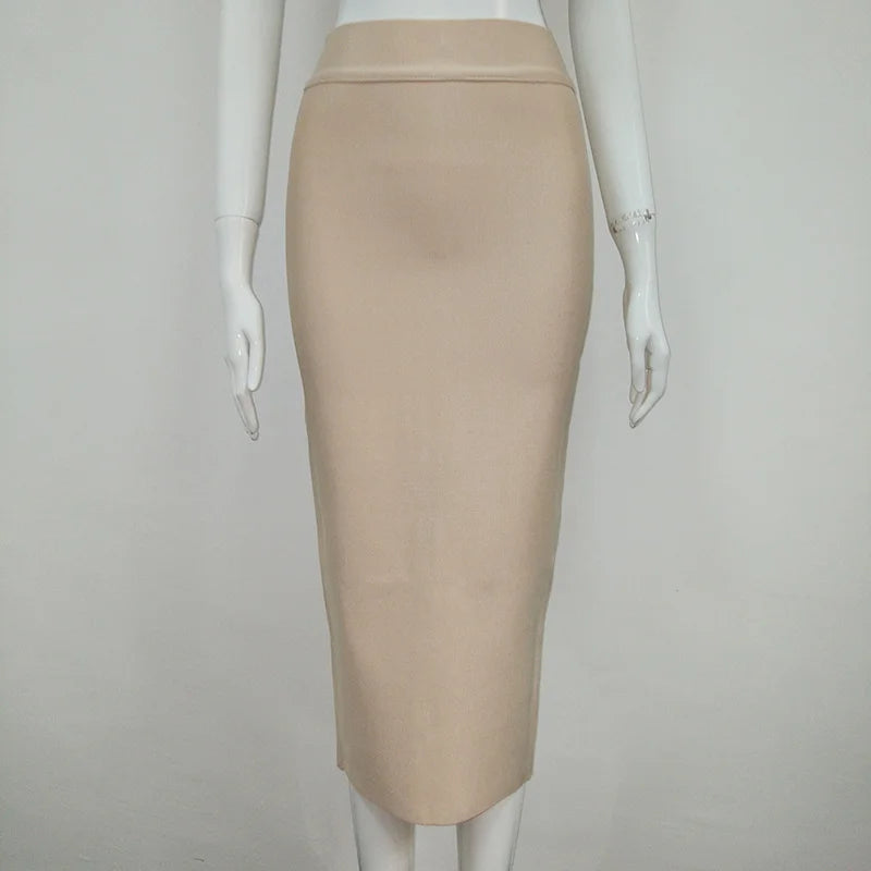 Women Candy Color Sexy Neon Green Brown Orange Yellow Knee Length Bandage Pencil Skirt 2020 Designer Skirt Faldas 78cm Khaki