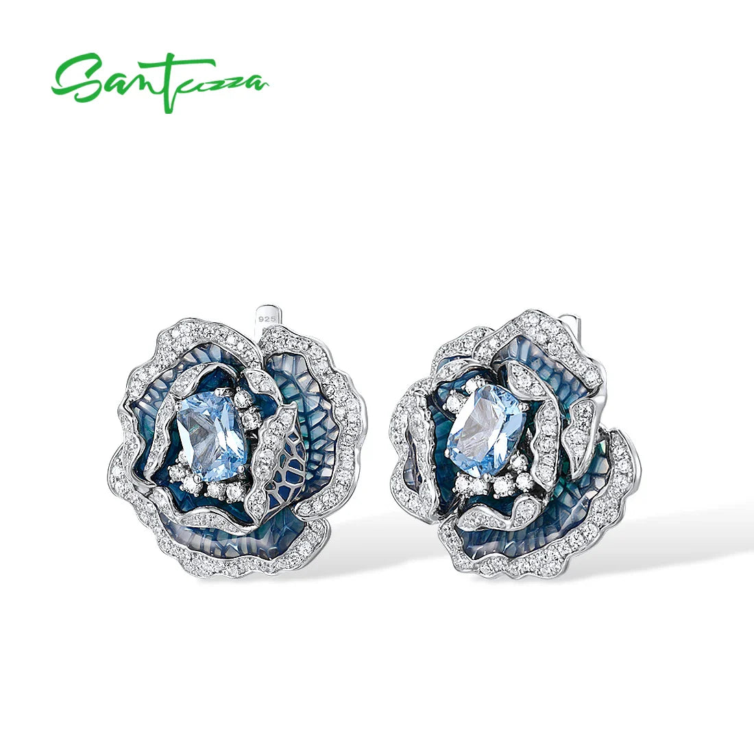 SANTUZZA 925 Sterling Silver Earrings For Women Blue Spinel White CZ Blooming Flower Elegant Party Fine Jewelry Handmade Enamel