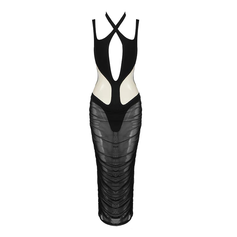Women Mid-length Dress Cross Hollow Design Sleeveless Halter Neck Draped Mesh Stitching Bandage black