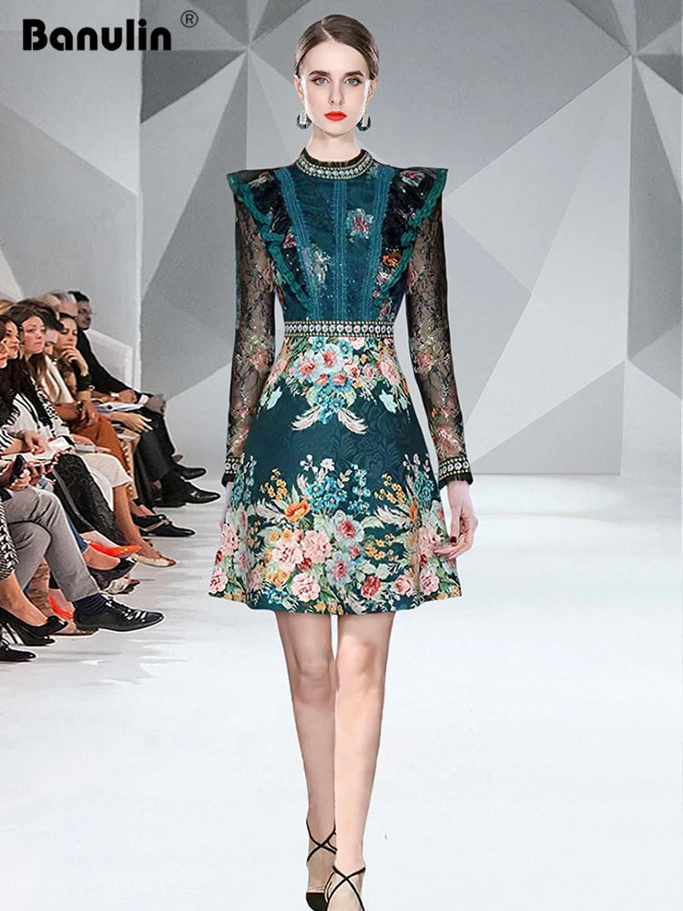Spring Fashion Runway Flower Jacquard Dress Women's Beading Stand Long Sleeve Ruffles Lace Stitching Vintage Party Vestidos