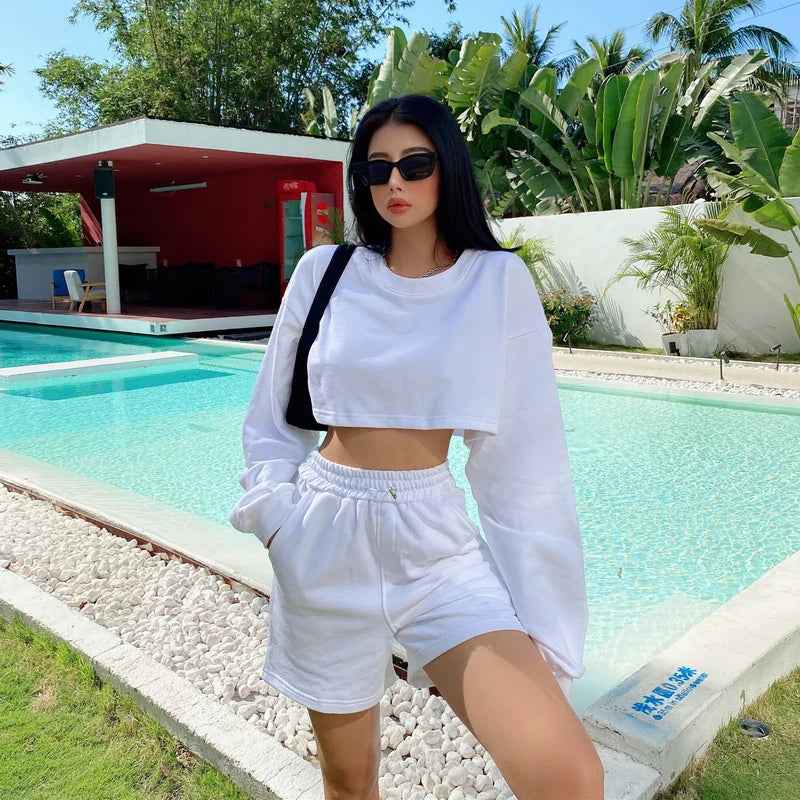 Womens Casual Tracksuits 2 Piece Set Spring Crop Sweatshirt + Sporting Shorts Sweat Set Ladies Two Piece Outfit Solid Color Suit white 2 piece set