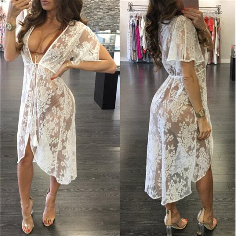 Summer Lace Beach Long Maxi Dress Bikinis Cover Up Tunic Pareo White V Neck Robe Swimwear Bathing Suit Swimsuit