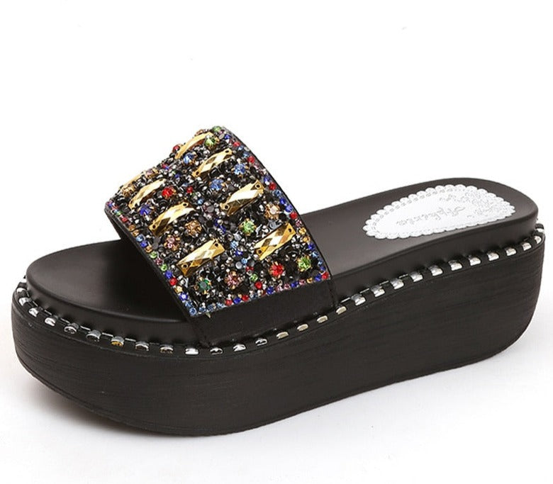 Platform Rhinestone Sandals Slippers Women Gemstone Slides Women Shoes Wedge Slippers String Bead Beach Slides Shoes