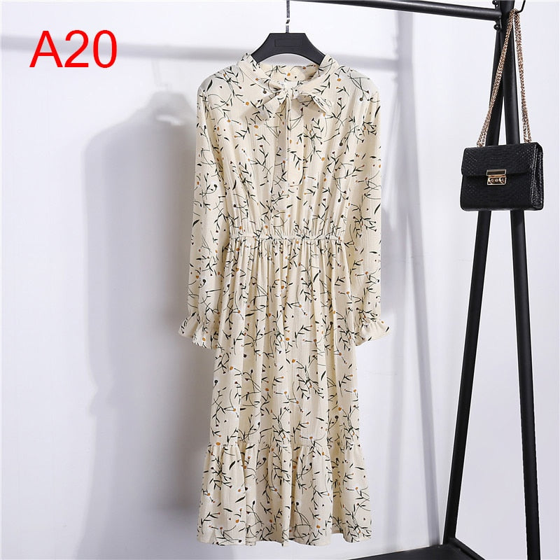 Robe chemise en mousseline de soie, grande taille, vêtements pour femmes, manches longues, nœud rouge, Floral, soirée en Club, automne hiver