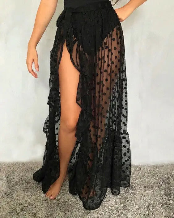 2021 New Hot Summer Women's Mesh Sheer Polka Dot Long Split Skirts Sexy Beach Sunscreen Bikini Cover Up Wrap Skirt 1 One Size