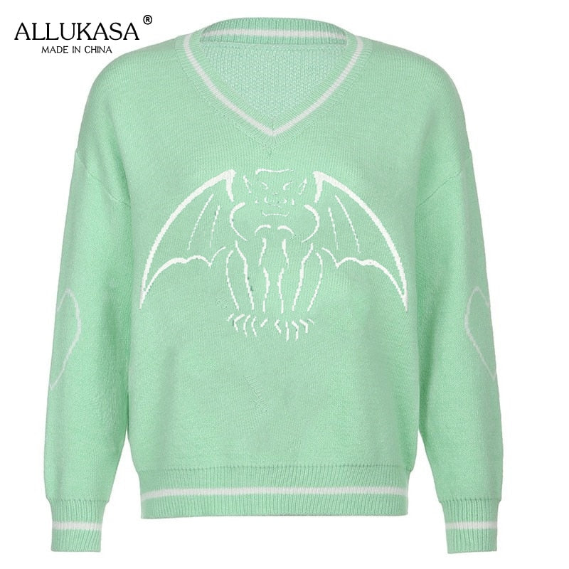 Y2K Oversized Sweater Pullover Ladies Casual Loose Printed Knitted Sweater Retro College Style Halloween Street Fall Winter 2021