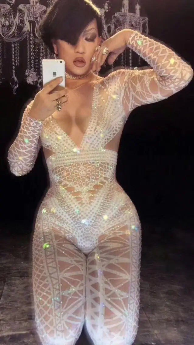 Sexy Stage White Jumpsuit Costume One-piece Nightclub Dance Outfit Party Wear Singer Stage Performance gogo singer Clothes