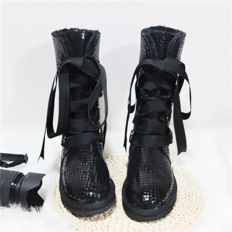 Waterproof High Boots Lace Up 2024 Woman Winter Snow Boots Women's Shoes Thick Plush Genuine Leather Winter Women's Snow Boots