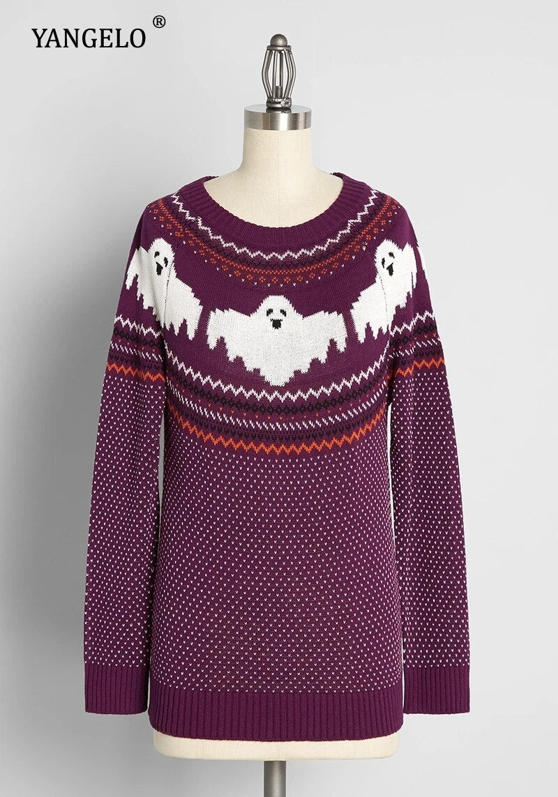 Yangelo Y2k Sweaters Women Halloween's Clothes Gothic Ghost Knitted Pullover for Autumn Winter Purple Streetwear Girl's Top Violet One Size