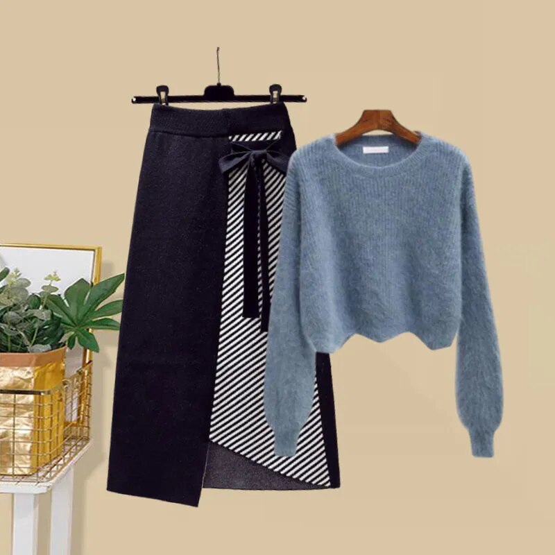 Women Autumn Winter Warm Knitted Two Pieces Sets Korean Long Sleeve Pullover Sweater Top And High Waist Skirts Sets Skirt Two Piece Set 9