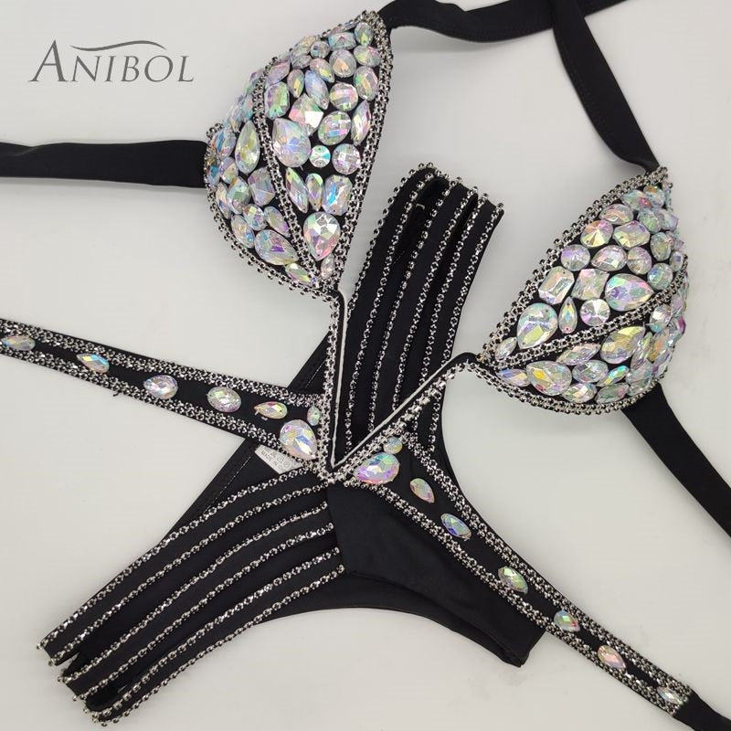 Sexy Women Bikin Luxury Rhinestone Split Swimwear Push Up Crystal Diamond Swimsuit Bandage Chain Bathing Suit Black