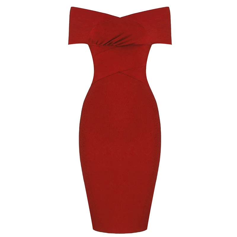 New Summer Women Bodycon Sexy Off The Shoulder Rayon Bandage Dress Club Dress Midi Celebrity Party Dress Red