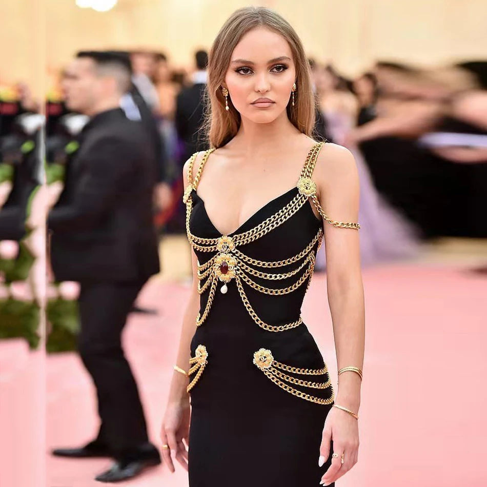 Runway Fashion Maxi Long Bandage Dress Open Fork Chains Strap Fashion Beading Bandage Dress Cocktail Party Bodycon Dresses 2025